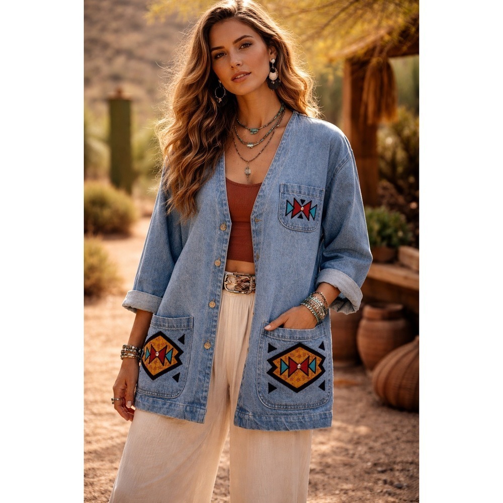Vintage S Small Denim Jacket Southwest Boho Aztec Embroidered Oversized USA